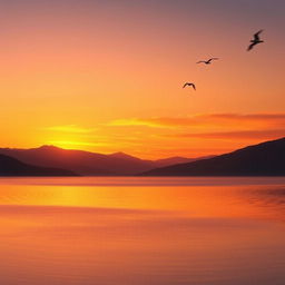 A serene landscape featuring a beautiful sunset over a calm lake, with mountains in the background and a few birds flying in the sky