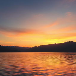 A serene landscape featuring a beautiful sunset over a calm lake, with mountains in the background and a few birds flying in the sky