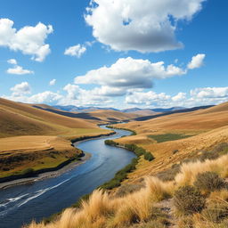 A beautiful landscape with rolling hills, a serene river, and a bright blue sky with fluffy white clouds