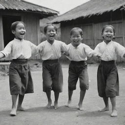 A vibrant scene from 1880 showing Filipino children engaged in the traditional game of Sipa, mirroring a moment of pure joy, camaraderie, and the cultural richness of the era.