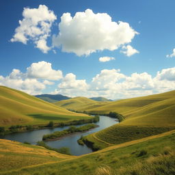 A beautiful landscape with rolling hills, a serene river, and a bright blue sky with fluffy white clouds