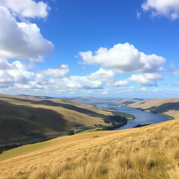 A beautiful landscape with rolling hills, a serene river, and a bright blue sky with fluffy white clouds