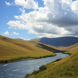 A beautiful landscape with rolling hills, a serene river, and a bright blue sky with fluffy white clouds