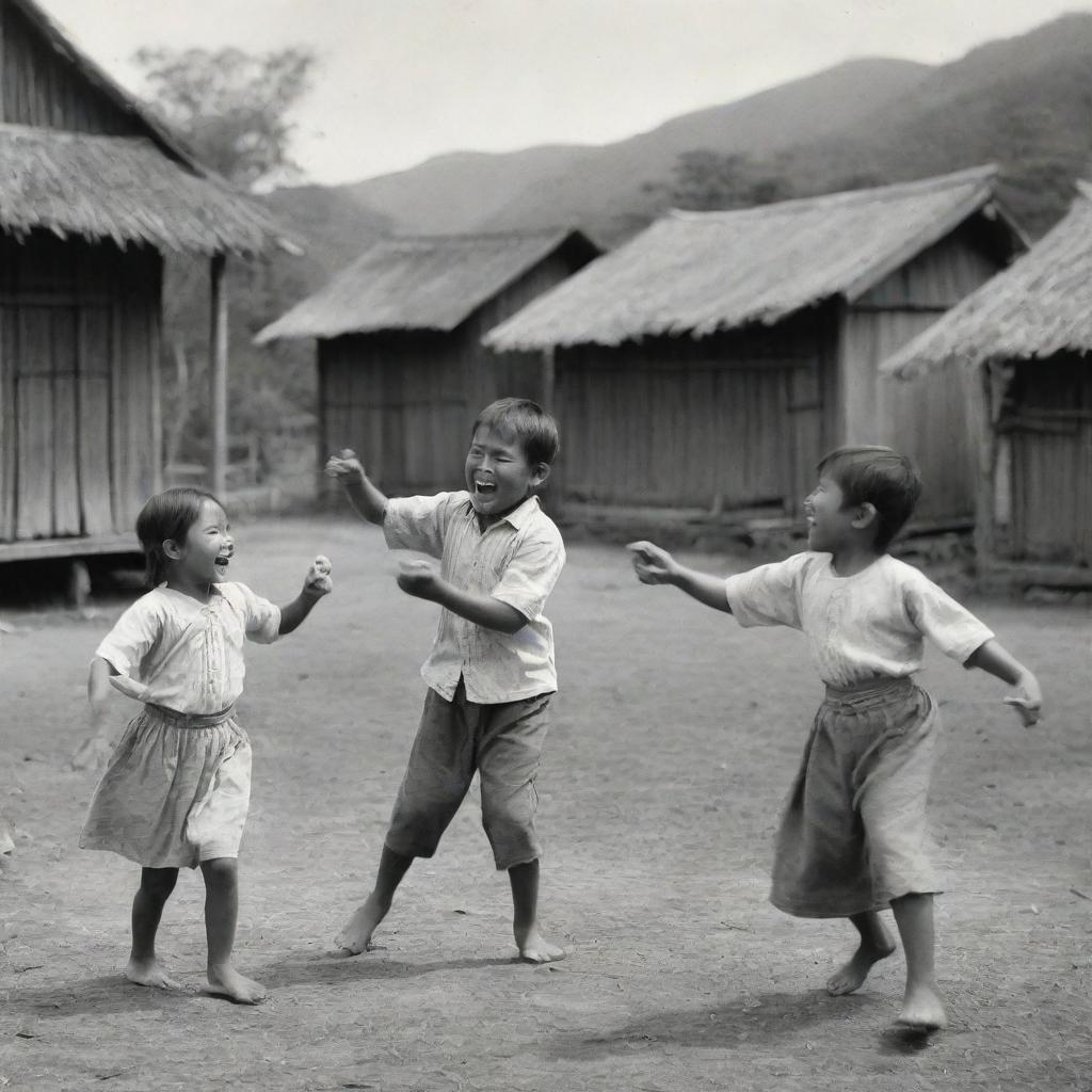 A lively scene from the 1880s featuring Filipino children beaming with smiles as they play sipa, a traditional Filipino game, symbolizing their innate cheerfulness amidst a rustic village backdrop.