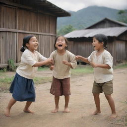 A lively scene from the 1880s featuring Filipino children beaming with smiles as they play sipa, a traditional Filipino game, symbolizing their innate cheerfulness amidst a rustic village backdrop.