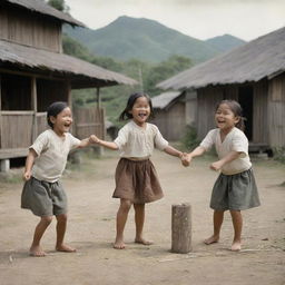 A lively scene from the 1880s featuring Filipino children beaming with smiles as they play sipa, a traditional Filipino game, symbolizing their innate cheerfulness amidst a rustic village backdrop.