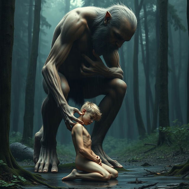 A tall giant with a thin, hairy body and emaciated masculine obliques kneels above a small, smooth, blonde young man who is hairless and petite