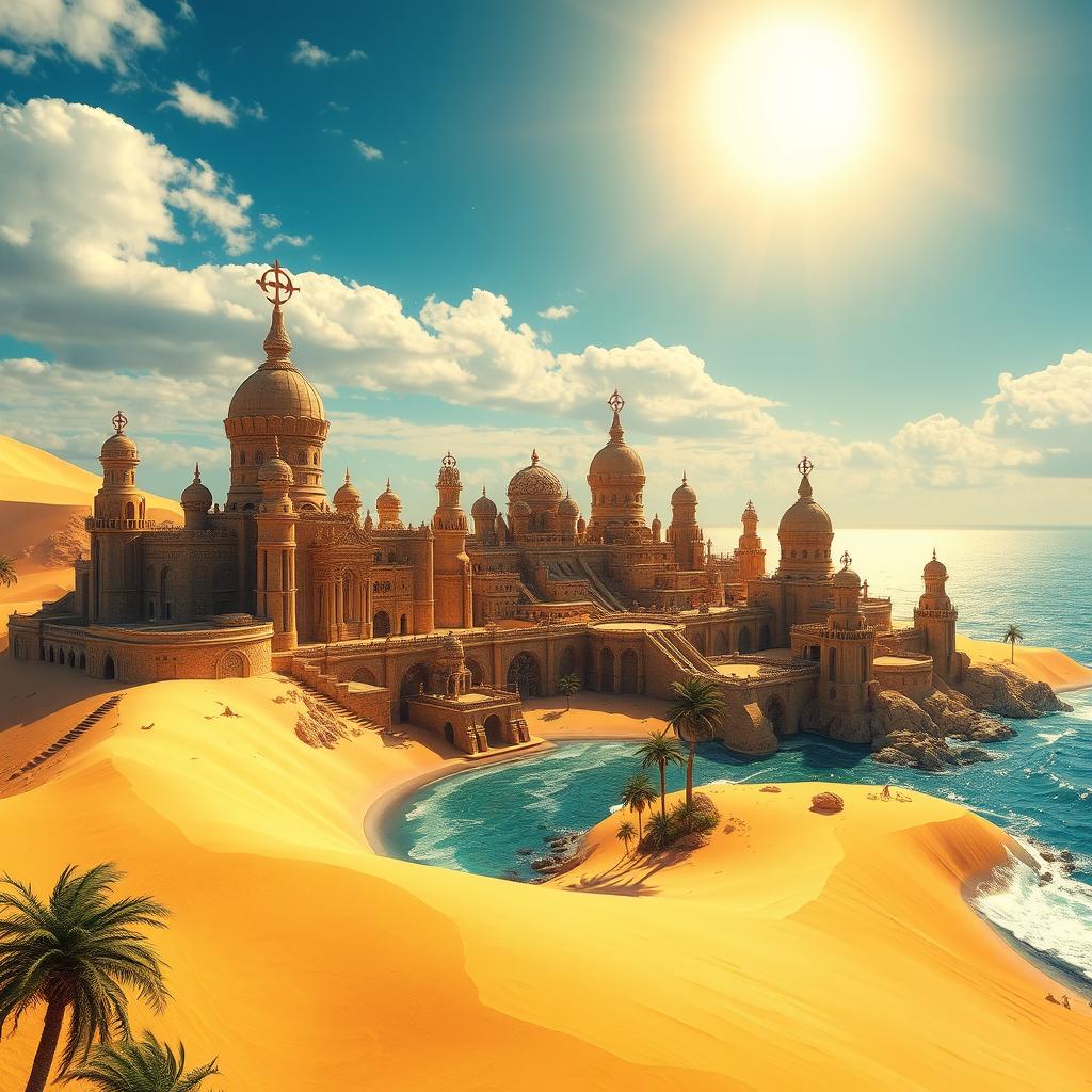 A mesmerizing fantasy desert city built on golden sand dunes, overlooking the ocean