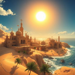 A mesmerizing fantasy desert city built on golden sand dunes, overlooking the ocean