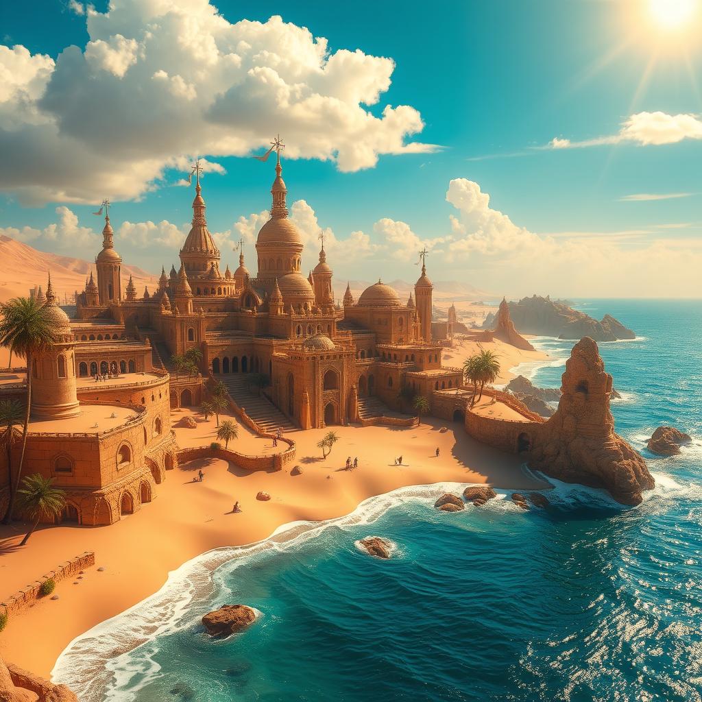 A mesmerizing fantasy desert city built on golden sand dunes, overlooking the ocean