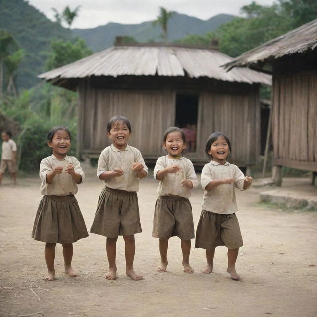 A lively scene from the 1880s featuring Filipino children beaming with smiles as they play sipa, a traditional Filipino game, symbolizing their innate cheerfulness amidst a rustic village backdrop.