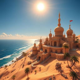 A mesmerizing fantasy desert city built on golden sand dunes, overlooking the ocean