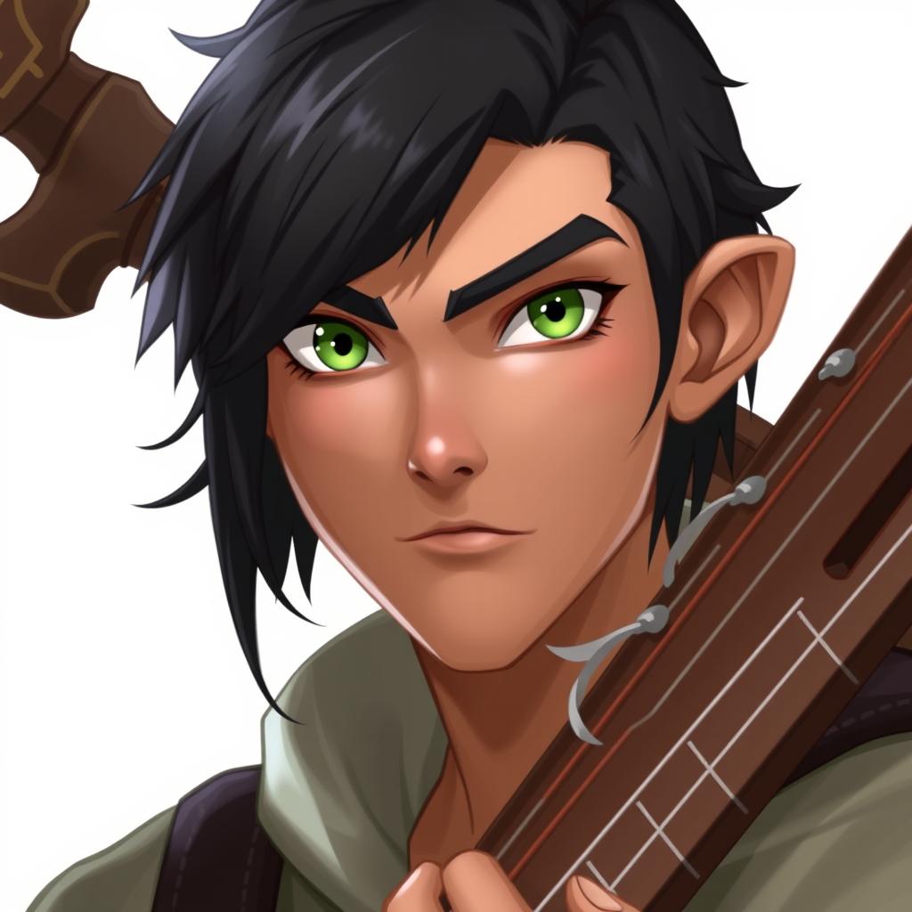 Create an image of a bard with short black hair, green eyes, and pupils resembling those of a cat and a snake