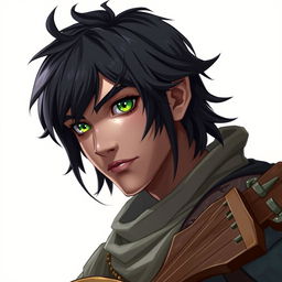 Create an image of a bard with short black hair, green eyes, and pupils resembling those of a cat and a snake