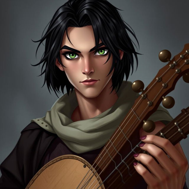 Create an image of a bard with short black hair, green eyes, and pupils resembling those of a cat and a snake