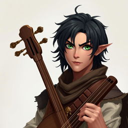 Create an image of a bard with short black hair, green eyes, and pupils resembling those of a cat and a snake