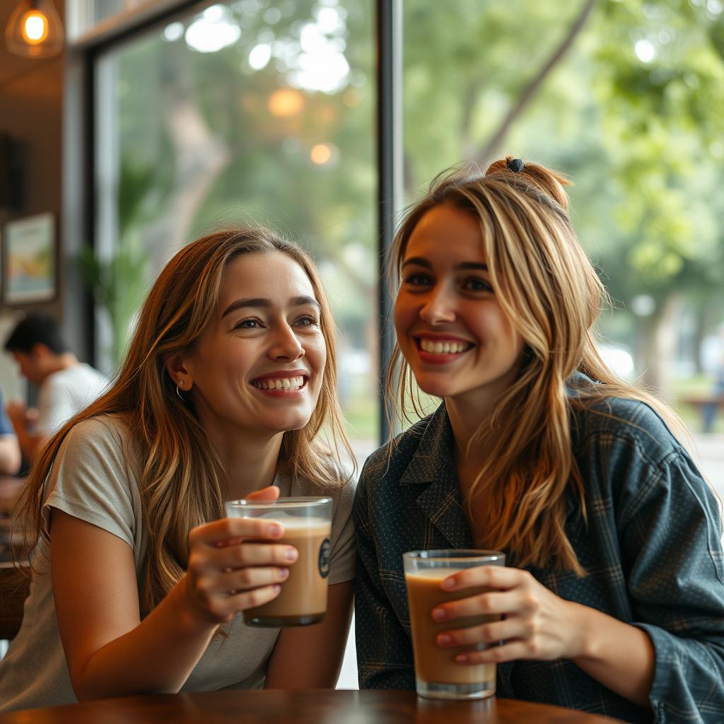 Uma pessoa fofocando com outra, em um ambiente descontraído, como um café ou parque