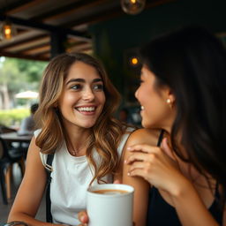 Uma pessoa fofocando com outra, em um ambiente descontraído, como um café ou parque