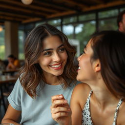 Uma pessoa fofocando com outra, em um ambiente descontraído, como um café ou parque