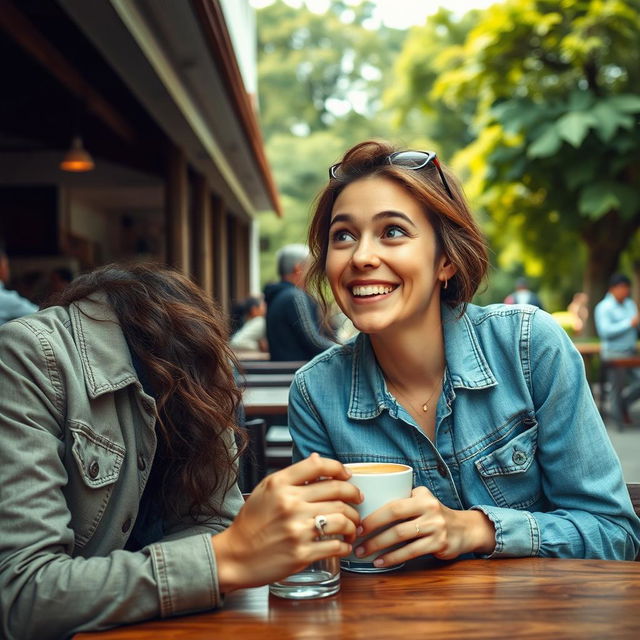 Uma pessoa fofocando com outra, em um ambiente descontraído, como um café ou parque