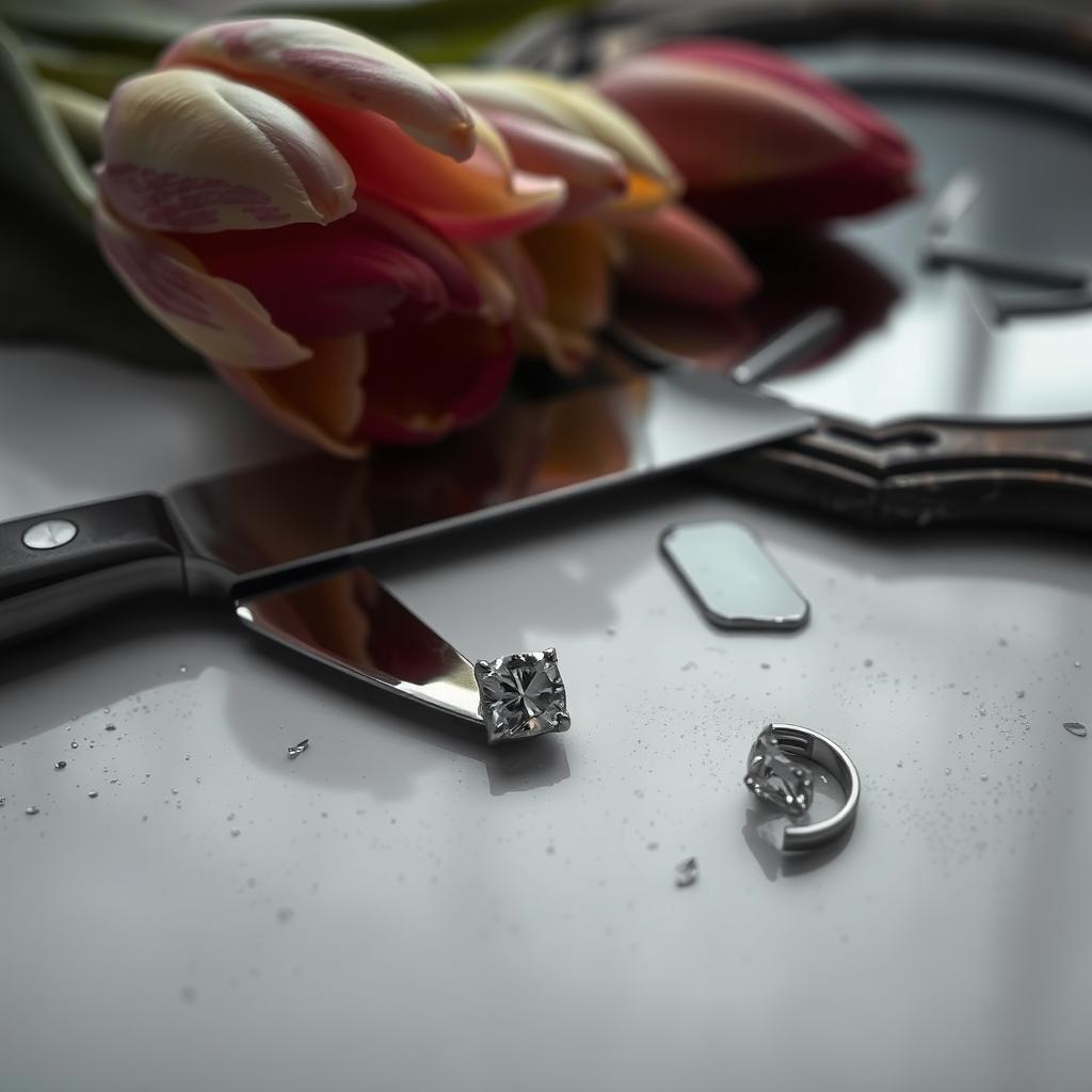 A broken diamond ring lies on a surface next to a knife and a shattered mirror