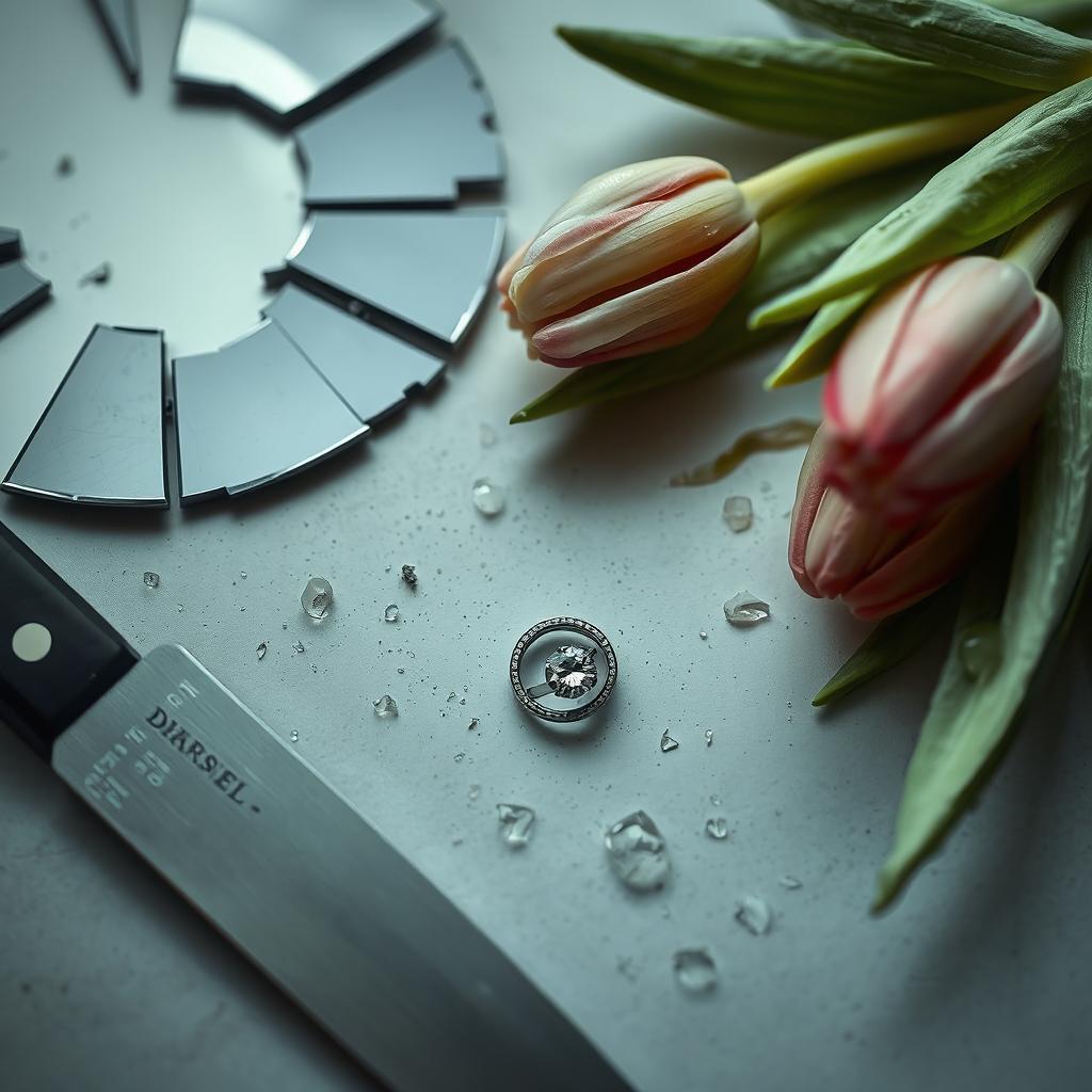 A broken diamond ring lies on a surface next to a knife and a shattered mirror