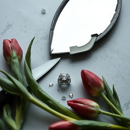 A broken diamond ring lies on a surface next to a knife and a shattered mirror