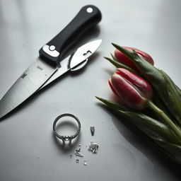 A broken diamond ring lies on a surface next to a knife and a shattered mirror