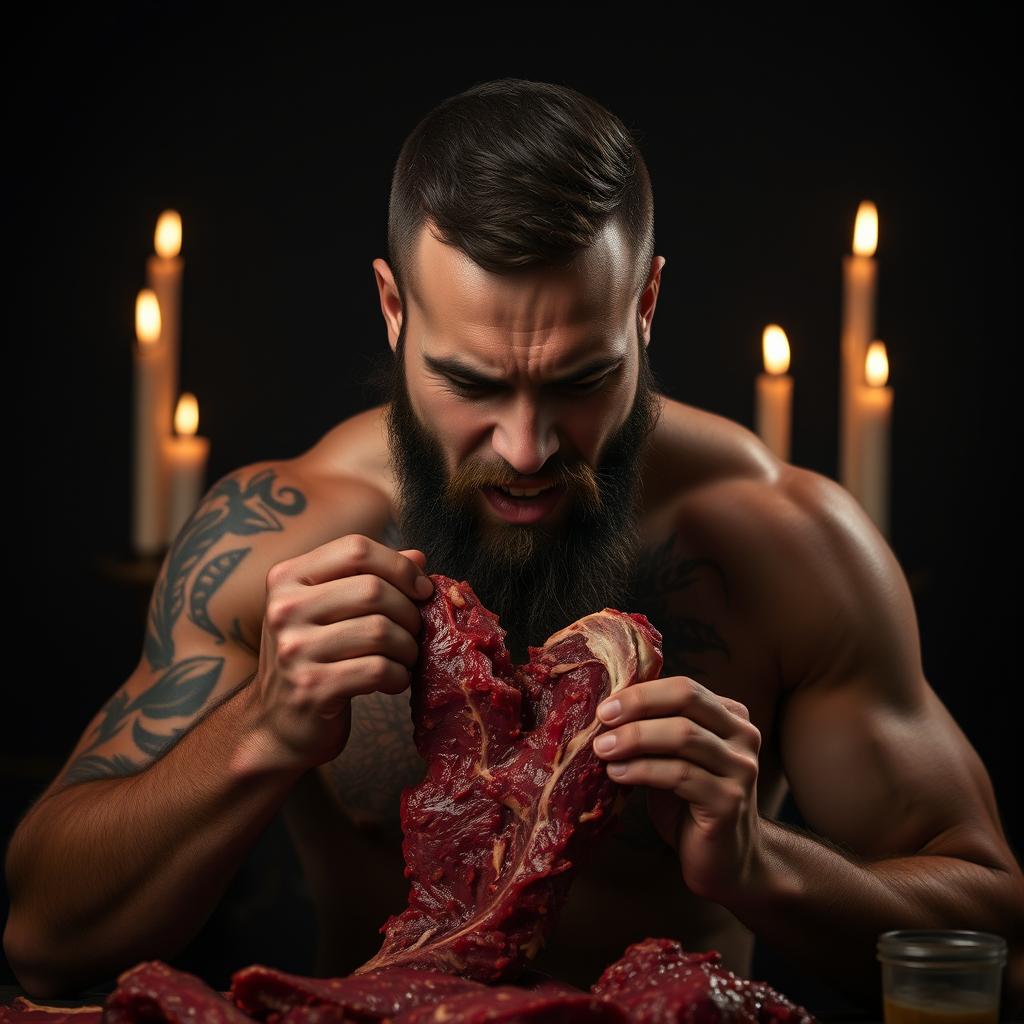 An athletic man with a beard eating red raw meat, set against a black background with candles providing dim, flickering light