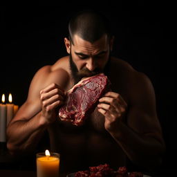 An athletic man with a beard eating red raw meat, set against a black background with candles providing dim, flickering light