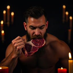 An athletic man with a beard eating red raw meat, set against a black background with candles providing dim, flickering light