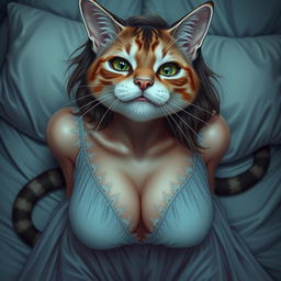 A sexy, flustered, and seductive cat woman with feline features and large breasts