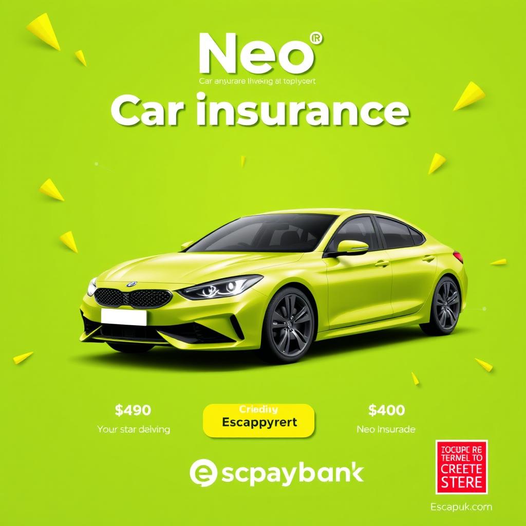 Create an eye-catching promotional image for a car insurance plan by Neo, under Escapaybank