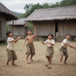 An invigorating scene from the 1880s, showcasing Filipino children merrily engaged in the traditional game of Sipa, set against a rustic village backdrop, depicting the joyous simplicity of Filipino childhood pastimes of the era.