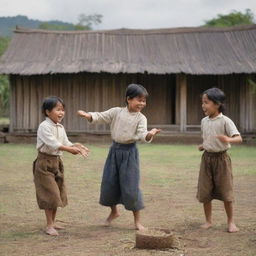 An invigorating scene from the 1880s, showcasing Filipino children merrily engaged in the traditional game of Sipa, set against a rustic village backdrop, depicting the joyous simplicity of Filipino childhood pastimes of the era.