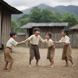 An invigorating scene from the 1880s, showcasing Filipino children merrily engaged in the traditional game of Sipa, set against a rustic village backdrop, depicting the joyous simplicity of Filipino childhood pastimes of the era.