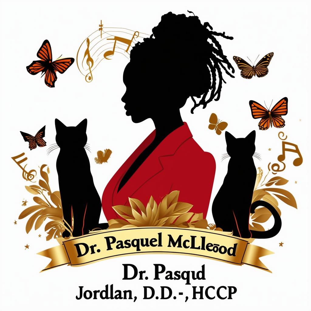 Create an elegant book promotion logo featuring a silhouette of a lady with short dreadlocks in a suit, surrounded by music notes, butterflies, two cats, and a book