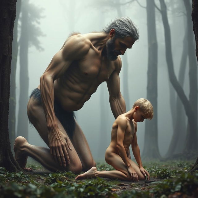 A tall giant with a thin, hairy body and emaciated masculine obliques kneels above a small, smooth, blonde young man who is hairless and petite