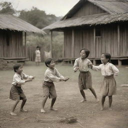 An invigorating scene from the 1880s, showcasing Filipino children merrily engaged in the traditional game of Sipa, set against a rustic village backdrop, depicting the joyous simplicity of Filipino childhood pastimes of the era.