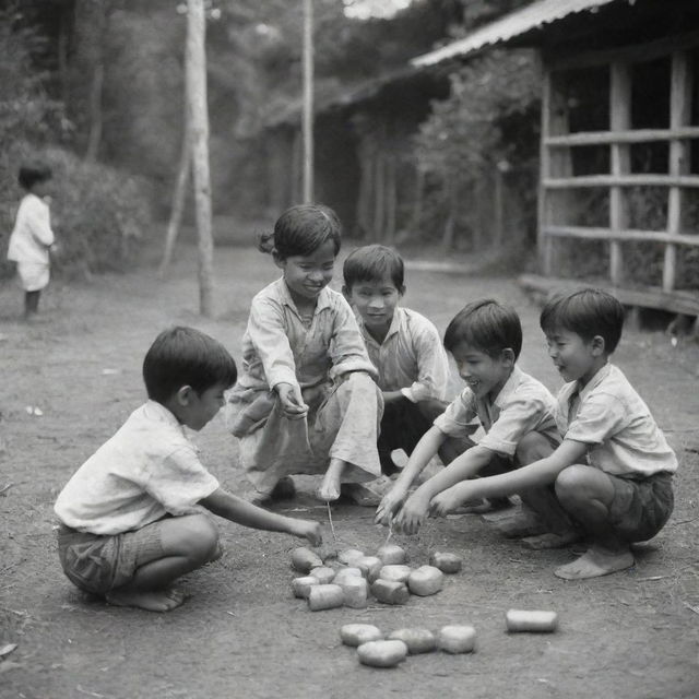 A lively and charming scene from the 1880s showing Filipino children merrily engrossed in playing Sipa, a traditional Filipino game, reflecting the joy and simplicity of child's play during this era.