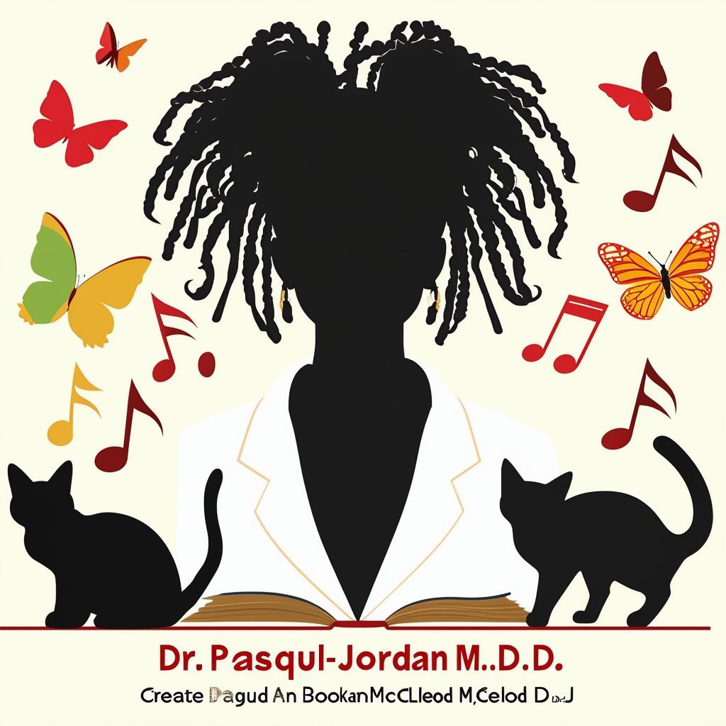 Create an elegant book promotion logo featuring a silhouette of a lady with short dreadlocks in a suit, surrounded by music notes, butterflies, two cats, and a book