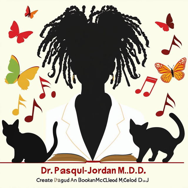 Create an elegant book promotion logo featuring a silhouette of a lady with short dreadlocks in a suit, surrounded by music notes, butterflies, two cats, and a book