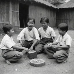 A lively and charming scene from the 1880s showing Filipino children merrily engrossed in playing Sipa, a traditional Filipino game, reflecting the joy and simplicity of child's play during this era.