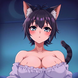 A sexy, flustered, and seductive cat woman with feline ears and a tail, wearing a nightgown