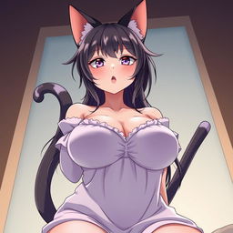 A sexy, flustered, and seductive cat woman with feline ears and a tail, wearing a nightgown