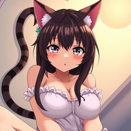 A sexy, flustered, and seductive cat woman with feline ears and a tail, wearing a nightgown