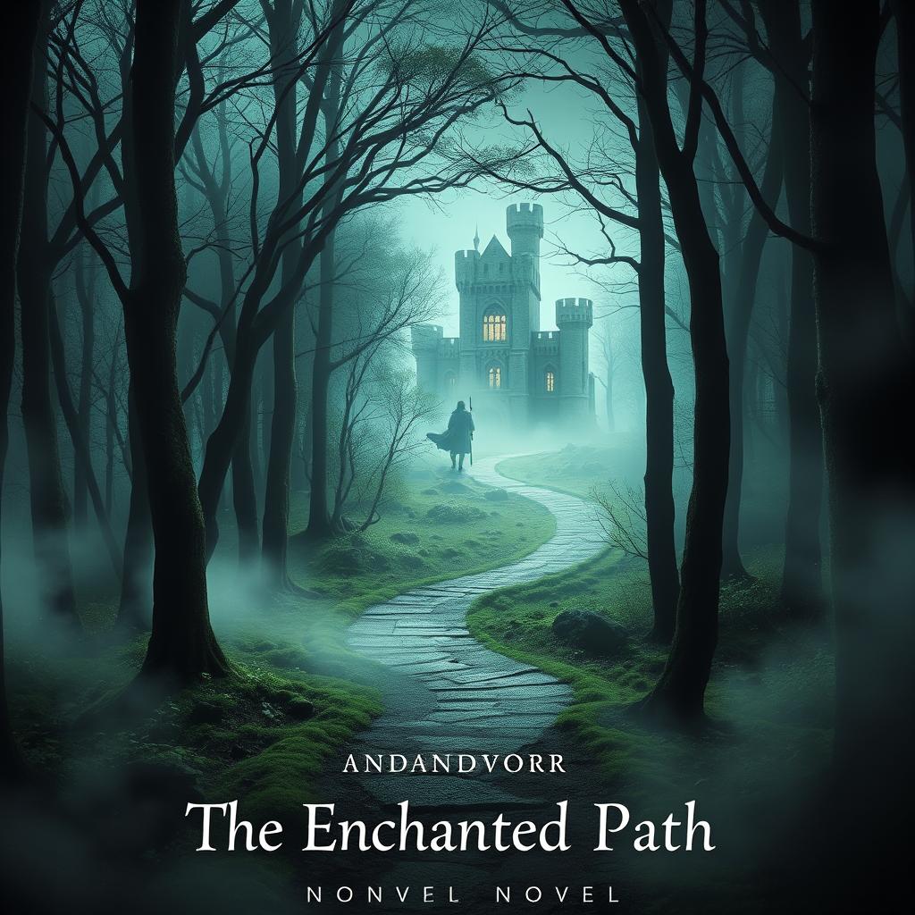 A captivating novel cover featuring a mysterious forest with a winding path leading to an ancient castle in the background