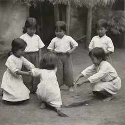 A lively and charming scene from the 1880s showing Filipino children merrily engrossed in playing Sipa, a traditional Filipino game, reflecting the joy and simplicity of child's play during this era.