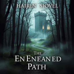 A captivating novel cover featuring a mysterious forest with a winding path leading to an ancient castle in the background