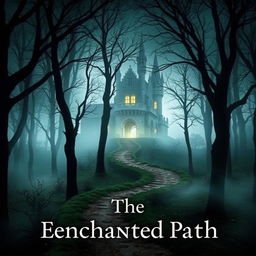 A captivating novel cover featuring a mysterious forest with a winding path leading to an ancient castle in the background